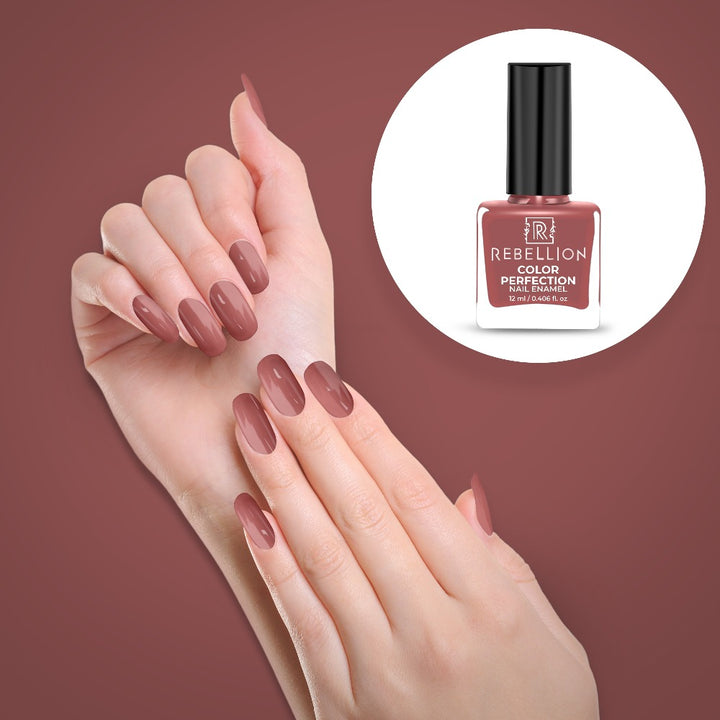 Rebellion hot brown nail enamel application on nails
