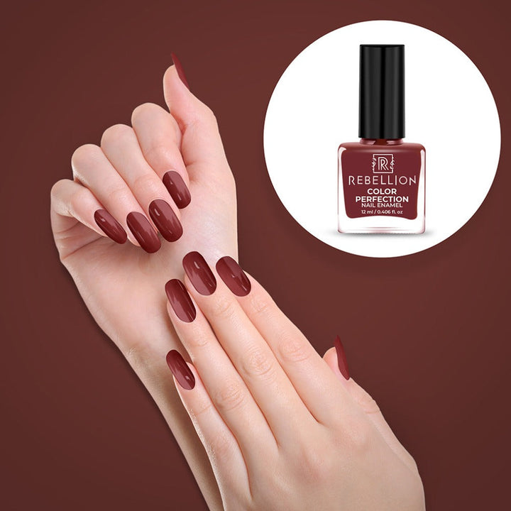 Rebellion babe brown nail enamel application on nails