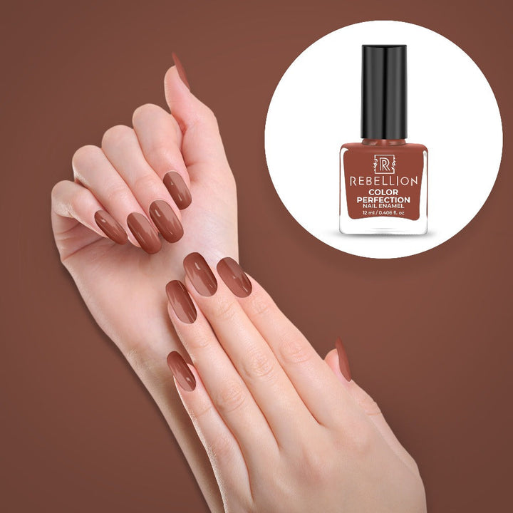 Rebellion mocha brown nail enamel application on nails