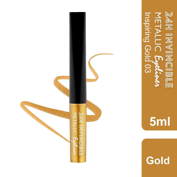 Rebellion inspiring gold metallic eyeliner with swatch and name