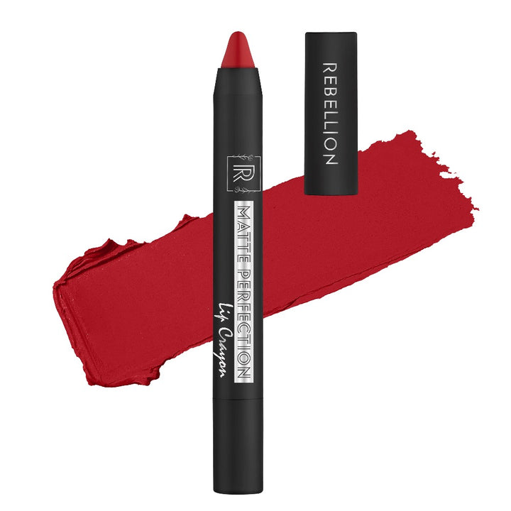 rebellion dominant red lip crayon with swatch
