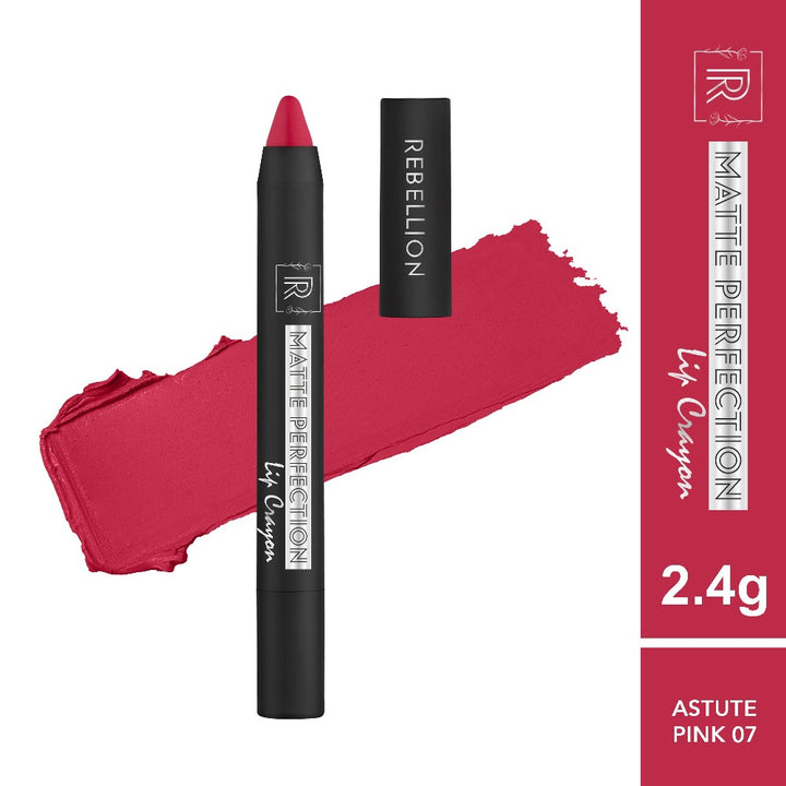 Rebellion astute pink lip crayon with swatch and border