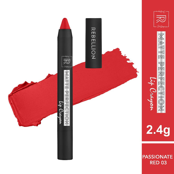 rebellion passionate red lip crayon with swatch and border