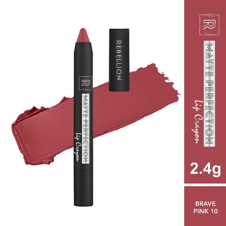 rebellion brave pink lip crayon with swatch and border