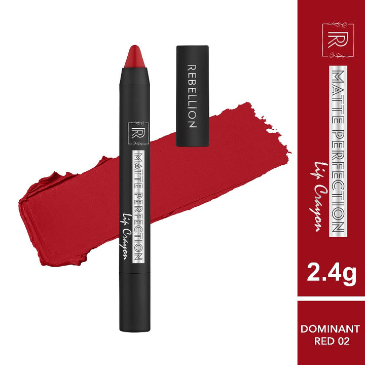 rebellion dominant red lip crayon with swatch and border