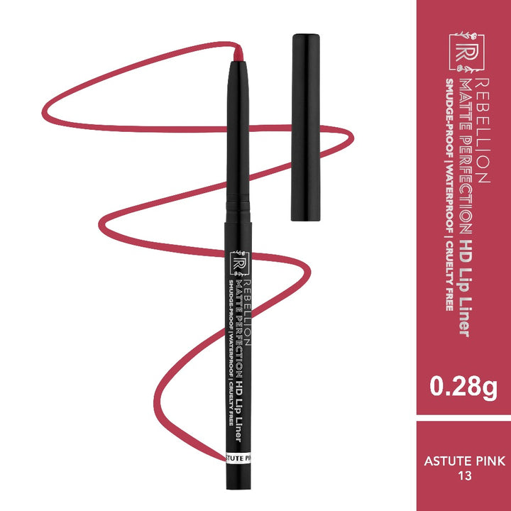 Rebellion astute pink lipliner with swatch and name