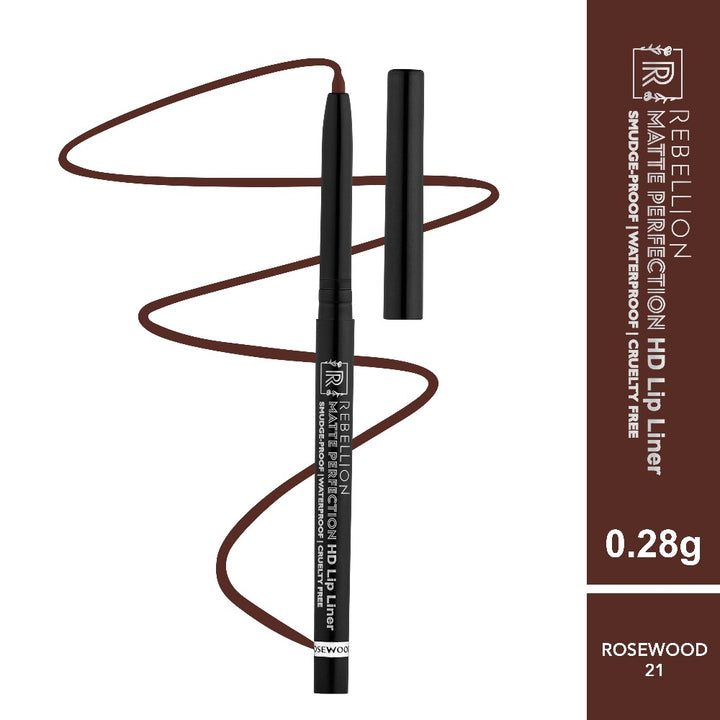 Rebellion rosewood lipliner with swatch and name
