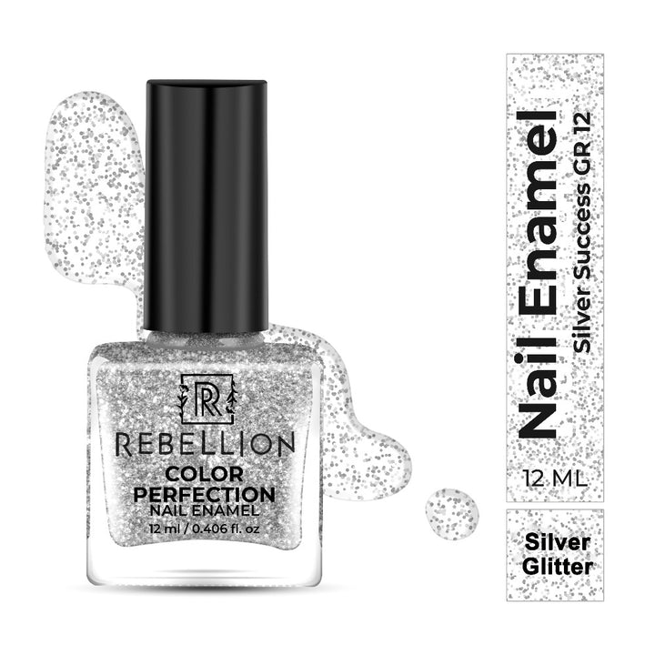 Rebellion silver glitter nail enamel with swatch