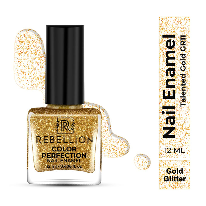 Rebellion gold glitter nail enamel with swatch