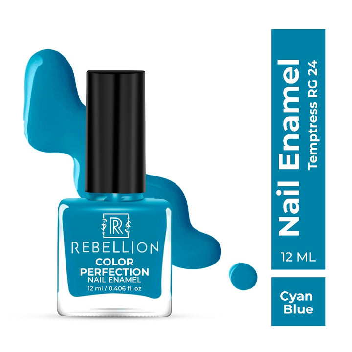 Rebellion cyan blue nail enamel with swatch