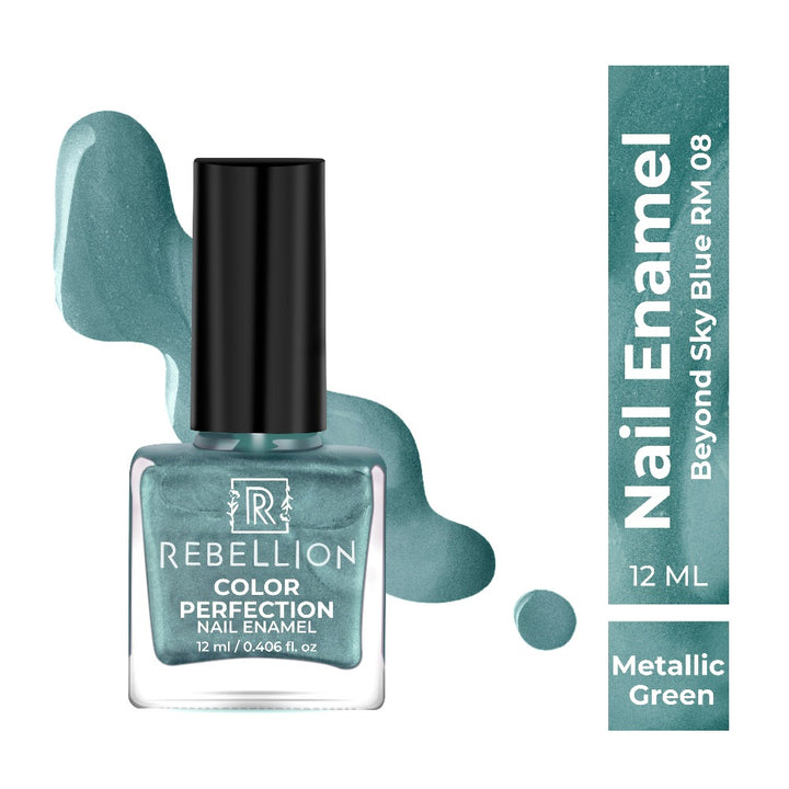 Rebellion metallic green nail enamel with swatch