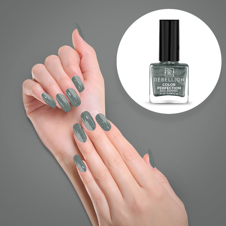 Rebellion metallic grey nail enamel application on nails