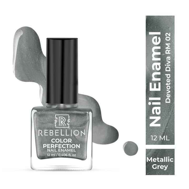 Rebellion metallic grey nail enamel with swatch