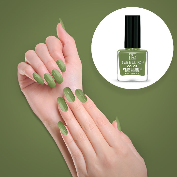 Rebellion green nail enamel application on nails