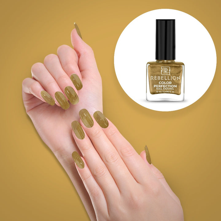 Rebellion metallic gold nail enamel application on nails