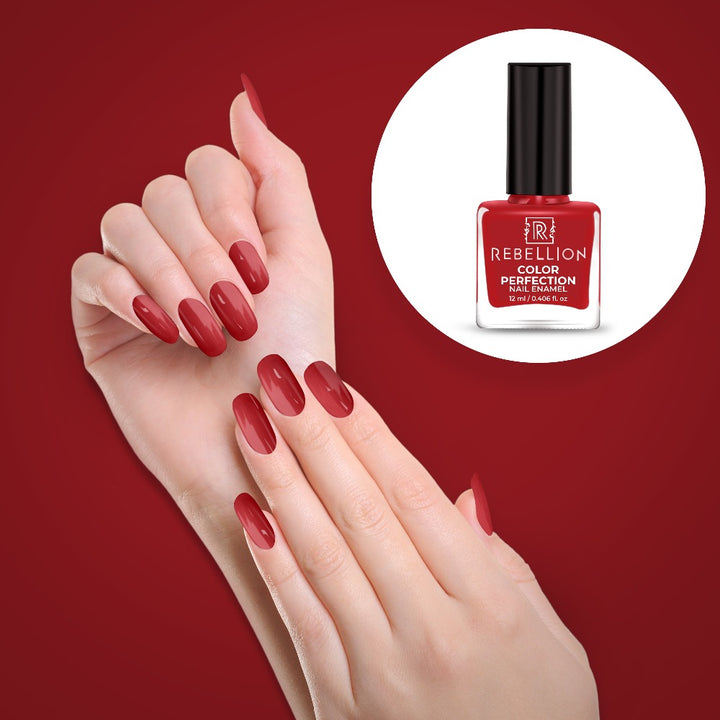 Rebellion scarlet red nail enamel application on nails