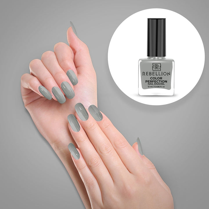 Rebellion gray nail enamel application on nails