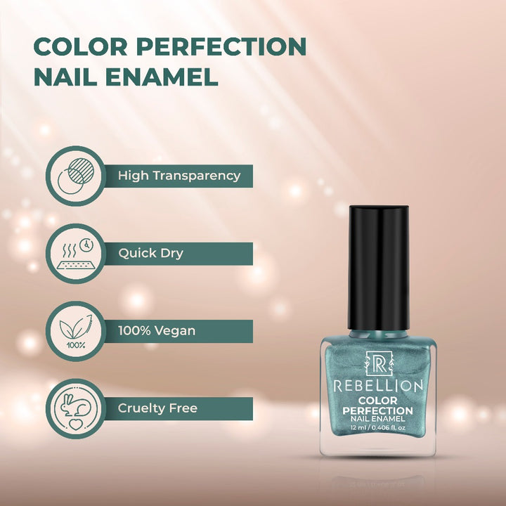 Rebellion metallic green nail enamel features and characteristics