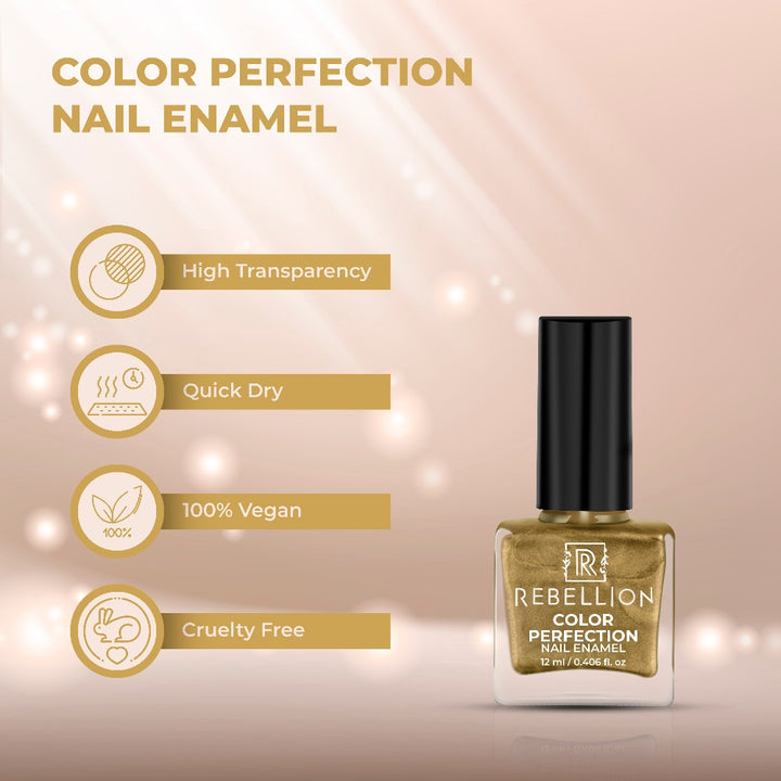 Rebellion metallic gold nail enamel features and characteristics