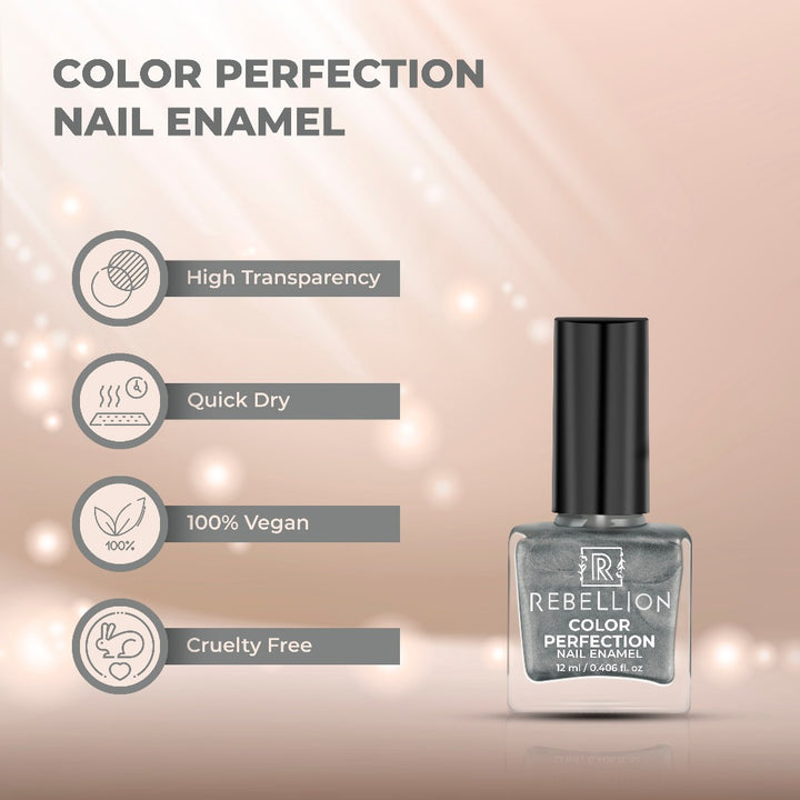 Rebellion metallic grey nail enamel features and characteristics