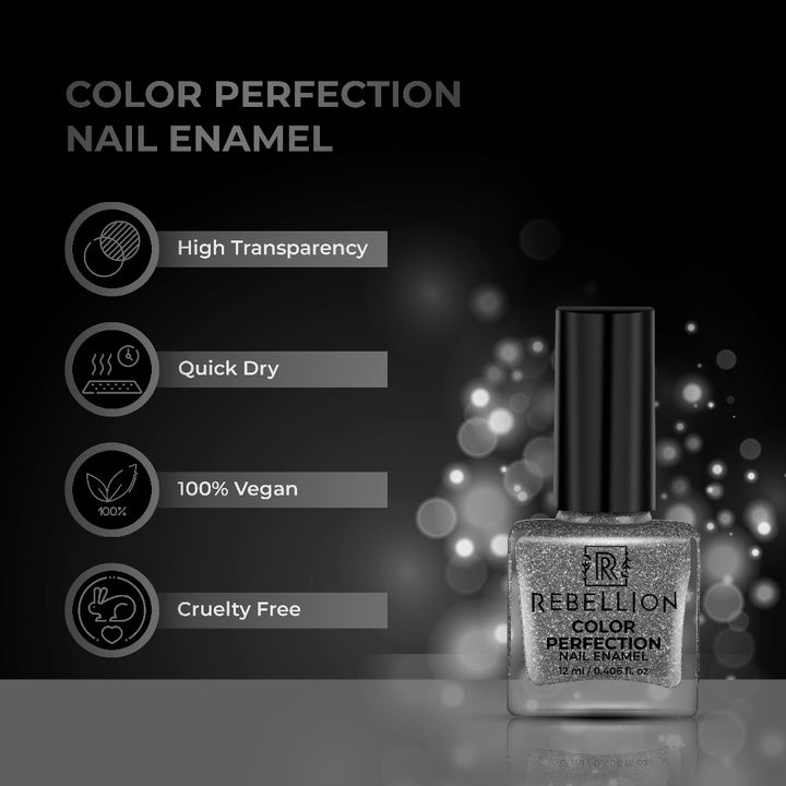 Rebellion silver glitter nail enamel features and characteristics