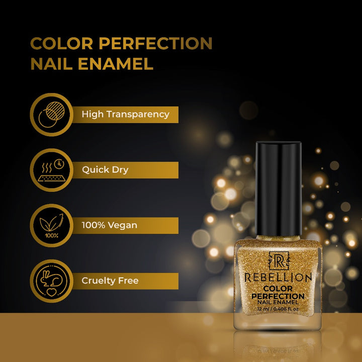 Rebellion gold glitter nail enamel features and characteristics