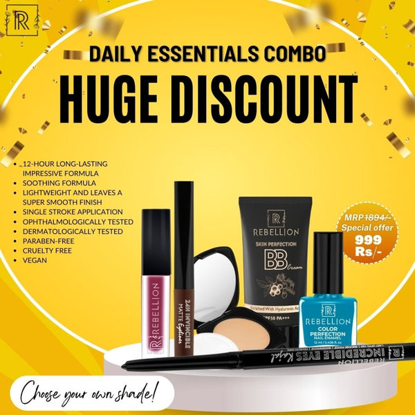 Rebellion Daily Essentials Combo - Non-Transfer Lipstick, Compact, BB Cream, Matte-Eyeliner, Kajal, Nail Paint